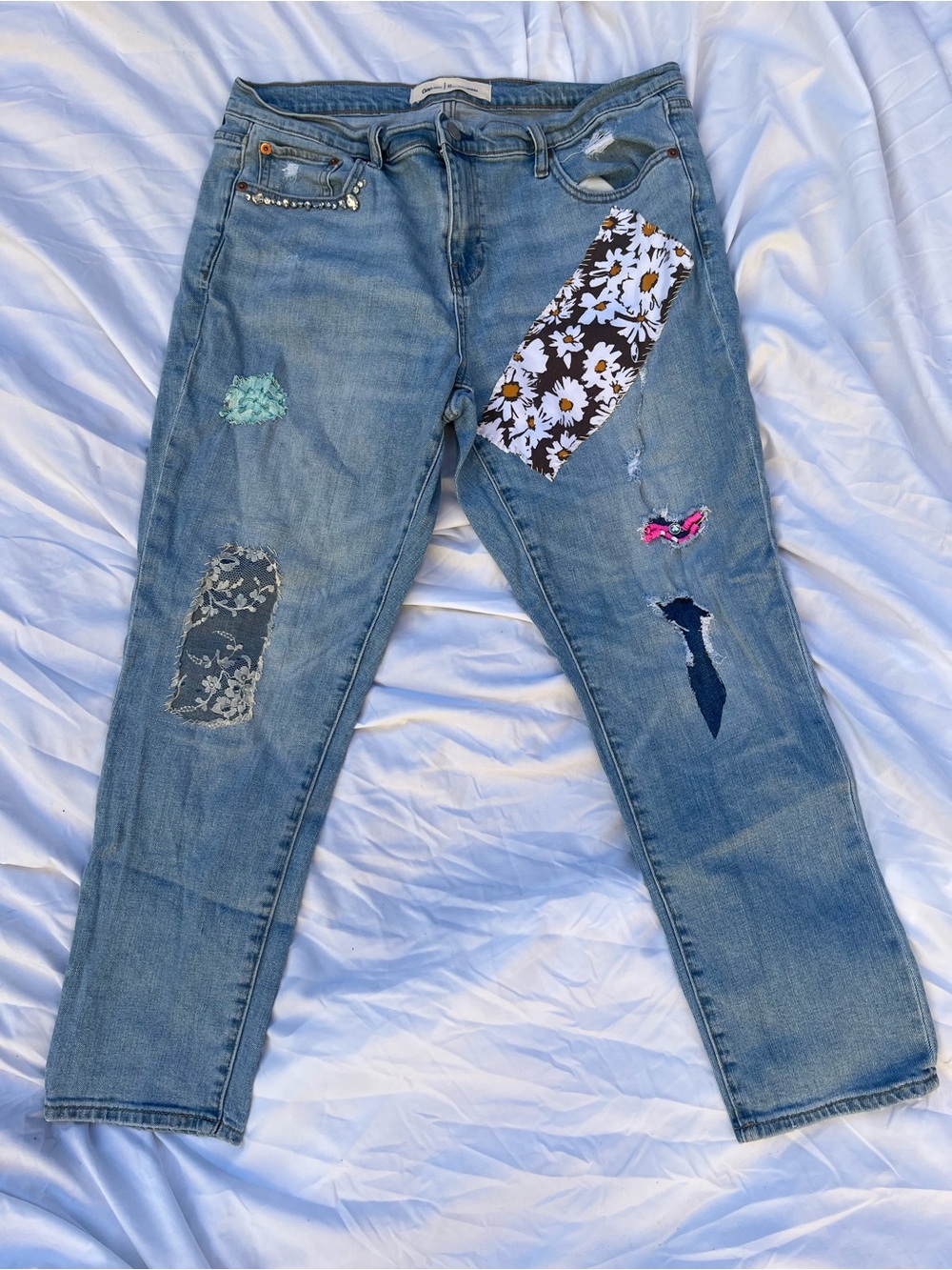 GAP OOAK Reworked Daisy Floral Patchwork Boyfriend Jeans Lace Distressed